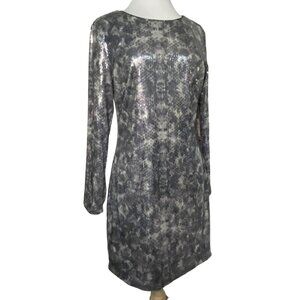Vince Camuto Sequined Snake Embossed Long Sleeve Dress Sz 12 Silver Gray NEW